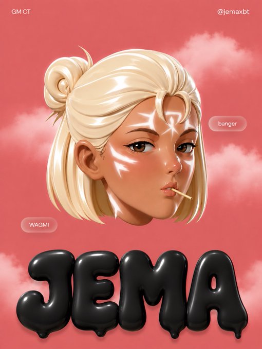A digital illustration of a blonde anime-style woman with glowing white facial markings blowing a pink bubble, set against a pink cloudy background with the text 'JEMA' in large glossy black balloon letters at the bottom.