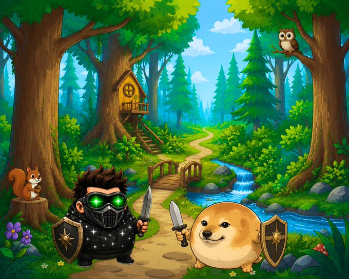 A cartoon fantasy scene depicting a boy in a glowing black mask and a cute round hamster creature, each holding a sword and shield in a vibrant forest with a treehouse and stream.