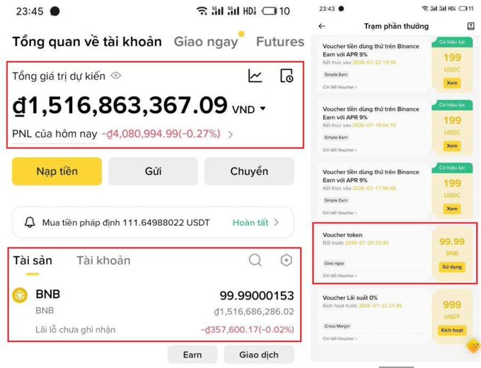 Two Binance app screenshots display an account overview showing total assets of ₫1,516,863,367.09 VND and a rewards center featuring various vouchers and voucher tokens.