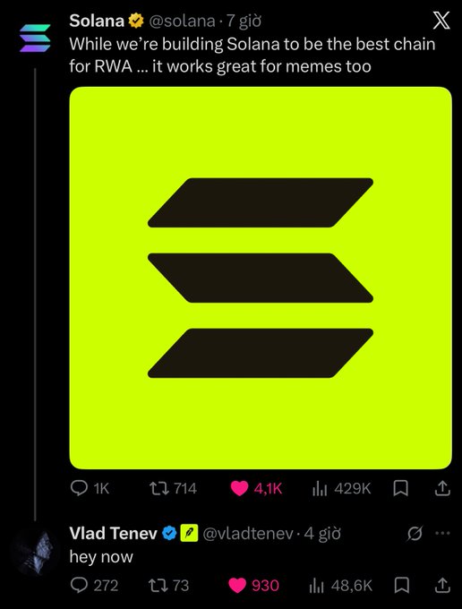 A tweet from Solana (@solana) reading 'While we're building Solana to be the best chain for RWA ... it works great for memes too' with the Solana logo on a neon yellow background, showing 4.1K likes and 429K views.