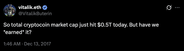 The image features a black background with white text that reads "So total cryptocurrency market cap hit $0.55 today, but have we earned it?". The caption also includes the Twitter handle "@vitaliketh" and the date "12/13/2017".