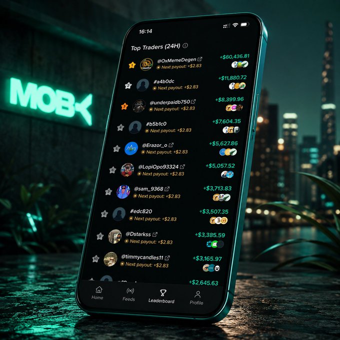 A sleek smartphone displays Moby's "Top Traders (24H)" leaderboard, topped by @0xMemeDegen at +$60,436.81, with other top performers including @a4b0Dc (+$11,880.72), @underpaidb750 (+$8,399.96), and @b5b1C0 (+$7,604.35), all showing "Next payout: +$2.83." The glowing neon "MOBY" logo in the background and the hourly payout structure on screen visually reinforce the post's message about the platform's competitive trading leaderboard and its $50,000+ in distributed rewards.