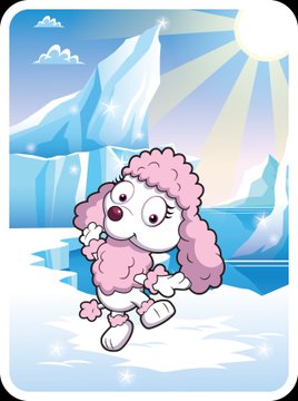 A pink poodle with fluffy fur and ice skates glides across a frosty, sunlit arctic landscape with icy cliffs and a bright sky. The whimsical character appears to be the "Polished Poodle" NFT from the VeeFriends collection mentioned in the post, chosen by 10-year-old Aria instead of the Honorable Olm.