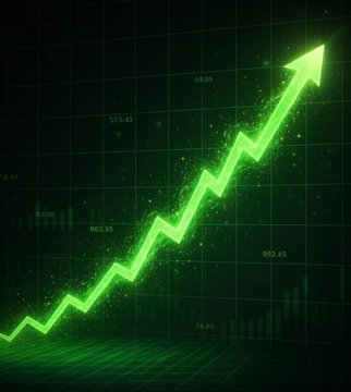 A glowing green upward arrow charts a sharp climb over a digital grid, with faintly visible numbers like 68.20, 515.45, 862.55, and 982.45 hinting at crypto price points. The image's "skyrocketing" arrow serves as ironic contrast to the post's message that Trump's crypto promises have largely collapsed, even as his personal crypto earnings have surged.