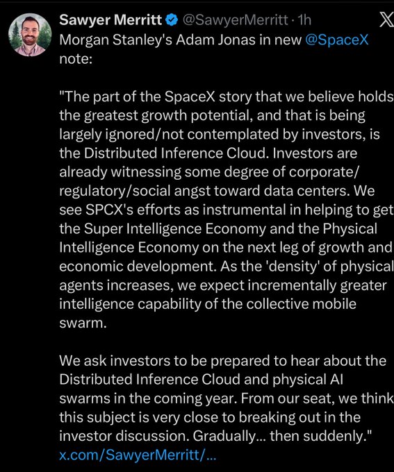 Image 3: A screenshot of an X (Twitter) post by Sawyer Merritt (@SawyerMerritt) quoting Morgan Stanley analyst Adam Jonas on a new SpaceX note about the "Distributed Inference Cloud" as a key growth area.
