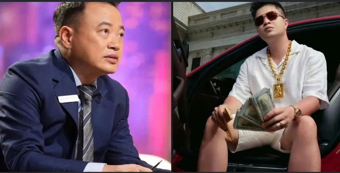 A split image showing a serious-looking man in a suit on the left and a man wearing sunglasses, a large gold chain, and holding cash next to a luxury car on the right.