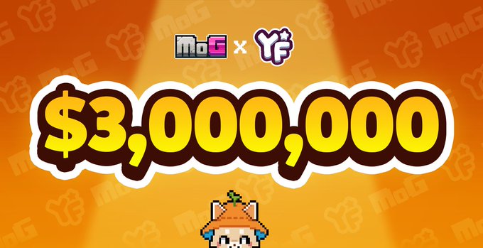 A bright orange graphic announces a $3,000,000 prize with MoG and YF logos at the top and a pixel art fox character below.