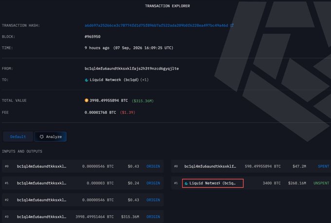 A Bitcoin transaction explorer page showing a transaction hash, block #965950 from 9 hours ago (07 Sep, 2026), with a total value of 3998.49955894 BTC ($315.36M) sent to a Liquid Network address, with inputs and outputs details highlighted by a red box.