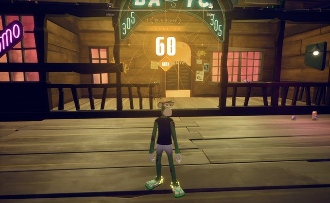 A video game scene showing a monkey-like character standing on a wooden platform in front of a 'Brawl House' saloon with a large '60' displayed above the door.