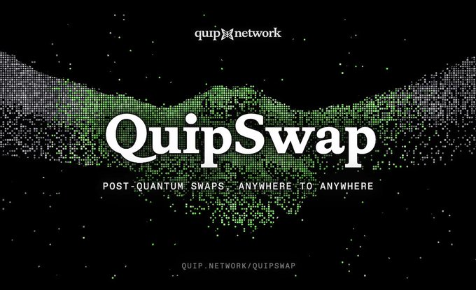 A promotional graphic for QuipSwap, a cross-chain P2P swapping protocol by Quip Network, featuring the QuipSwap logo and tagline "POST-QUANTUM SWAPS, ANYWHERE TO ANYWHERE" over a green and purple dotted wave design against a black background, with the URL "QUIP.NETWORK/QUIPSWAP" at the bottom—visually reinforcing the post's announcement of QuipSwap's unique bridge-free approach to cross-chain trading.