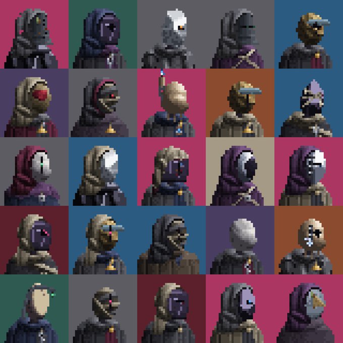 A grid of 25 pixel art character portraits featuring various hooded and masked figures with different colored backgrounds.