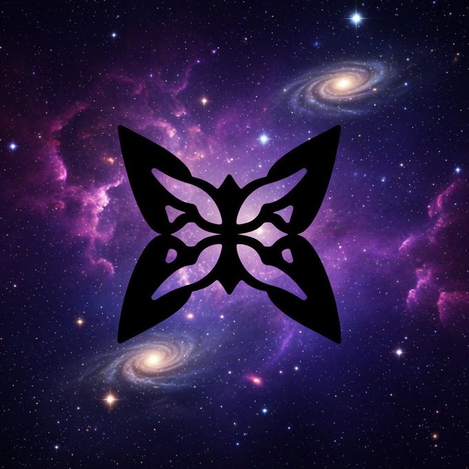 The image features a black butterfly shape with wings spread out, set against a backdrop of stars and planets. The butterfly is positioned centrally within the frame, surrounded by the vast expanse of space. The background includes various elements such as stars, planets, and even some clouds, creating an immersive and captivating scene that complements the butterfly's design.