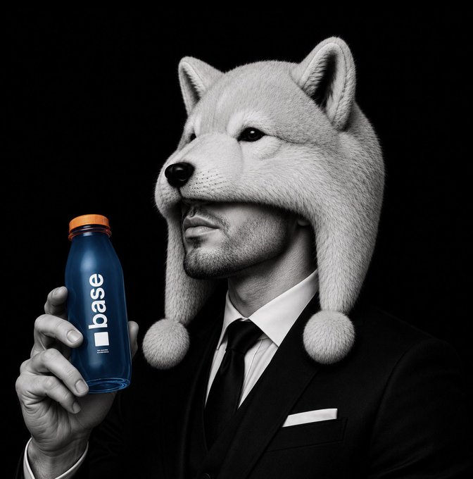 A man in a suit wearing a fluffy white wolf/dog hat holds a blue water bottle labeled 'base' against a black background.