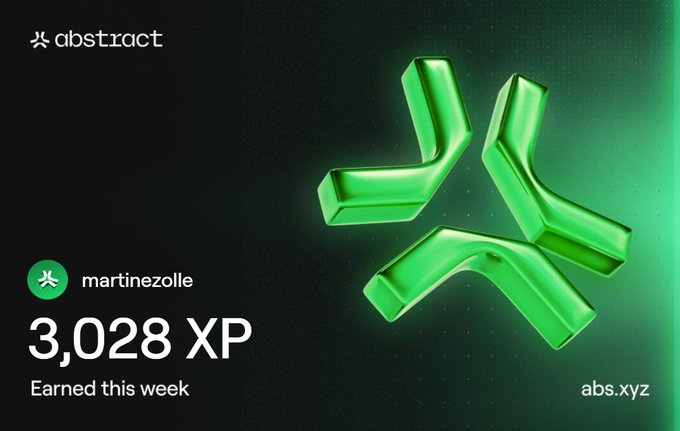An 'Abstract' platform achievement card showing user 'martinezoile' earned '3,028 XP' this week, featuring a stylized green 3D logo on a dark background.