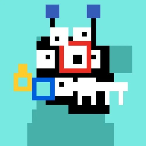 A pixel-art character composed of black, white, red, blue, and yellow blocks with antenna-like protrusions on top, set against a teal background. The post references chompz #418 from OpenSea, suggesting the artwork represents the purchased NFT now hidden from view.