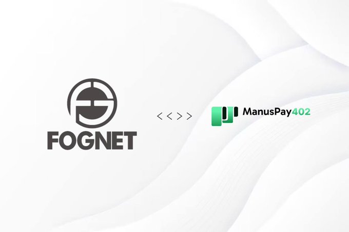 Logo graphic displaying "FOGNET" alongside "ManusPay 402" with arrow indicators between them on a white wavy background.