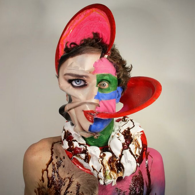 A highly stylized, surreal portrait featuring a face with peeling skin revealing vibrant pink, green, and blue paint underneath, accented with whipped cream and chocolate syrup.