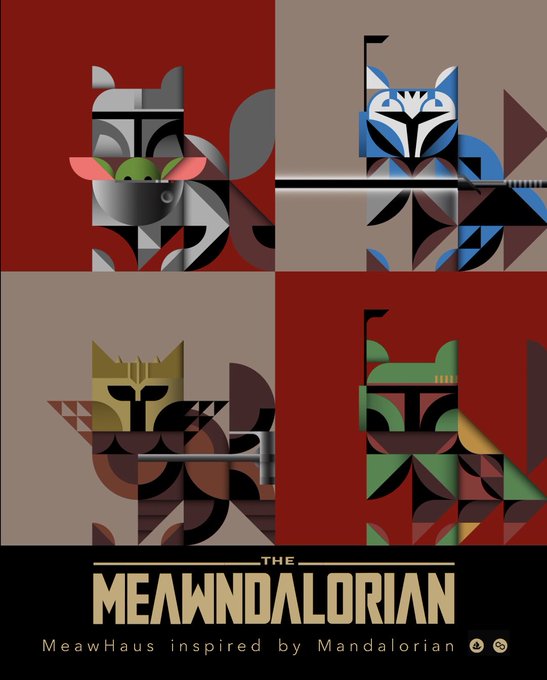 A stylized geometric poster titled 'THE MEAWNDALORIAN' featuring four Star Wars-inspired cat designs (including Grogu, Ahsoka, a gold cat, and Boba Fett) created by 'MeawHaus inspired by Mandalorian'.