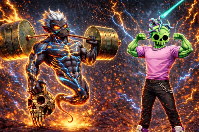 A vibrant digital artwork featuring two fantasy characters: a muscular demon-like creature with glowing blue and orange flames lifting a barbell, and a green skull-headed figure wearing a pink shirt flexing its muscles, surrounded by lightning.
