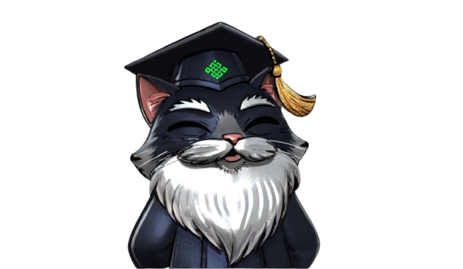 A cartoon black and white cat wearing a graduation cap and gown with a smiling, content expression.