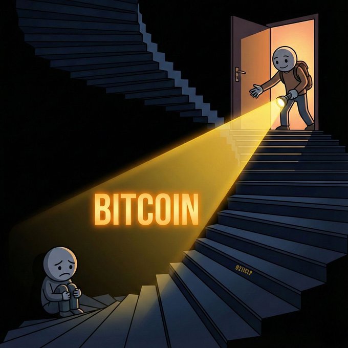 A symbolic illustration titled "BITCOIN," depicting a sad figure in the dark being illuminated by a flashlight held by a hopeful figure entering through a doorway at the top of a staircase.