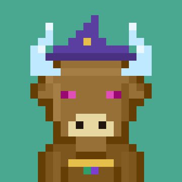 Pixel art of a Minotaur character with a brown bull head, purple eyes, and a purple wizard hat, set against a green background.