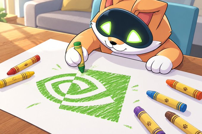 An illustration of a robotic cat character with glowing green eyes drawing a green NVIDIA logo with a crayon on white paper, surrounded by other crayons.