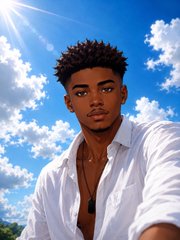 A portrait-style photo of a young man with short curly hair wearing an unbuttoned white shirt, photographed as a selfie against a bright blue sky with white clouds.