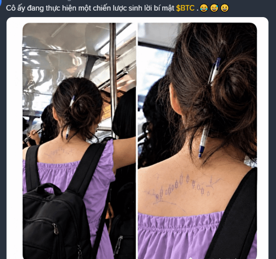 A meme featuring two photos of a woman on public transport with a chart pattern and pen written on her back, accompanied by Vietnamese text about losing money with $BTC.