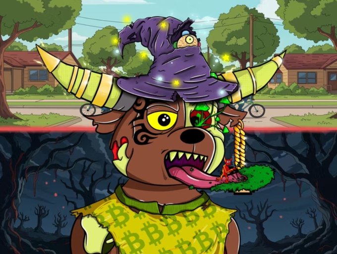 A cartoon illustration of a brown dog character wearing a purple wizard hat with a Bitcoin-themed shirt, featuring a swampy underground background and suburban houses above.