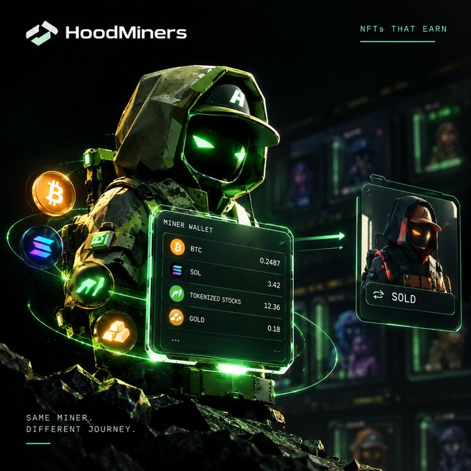 A promotional graphic for 'HoodMiners' featuring a hooded soldier character with glowing green eyes, displaying a miner wallet interface showing BTC, SOL, Tokenized Stocks, and Gold balances, with the tagline 'NFTs That Earn' and 'Same Miner, Different Journey.'
