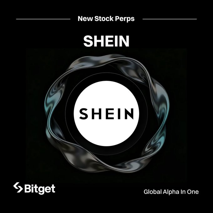 The image is a promotional graphic announcing "New Stock Perps" featuring SHEIN, displaying the SHEIN logo within a white circle surrounded by a glossy black abstract ring, with "Bitget" branding and the tagline "Global Alpha In One" at the bottom, supporting the announcement that SHEIN pre-IPO trading is now live on Bitget with up to 20× leverage.