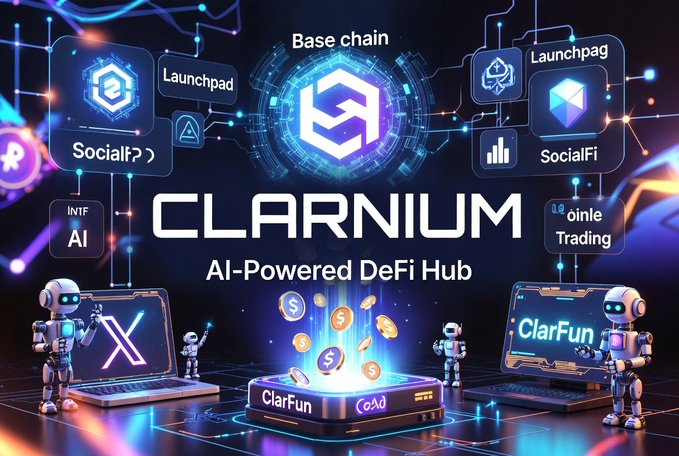 The image features an advertisement for a new platform called Clarnium.io. The platform is designed to be an AI-powered DeFi hub that combines token launching, trading, and promotion with social networking capabilities. It aims to create a more complete ecosystem for Web3 born users by integrating various functionalities into one centralized platform. The image includes icons representing different aspects of the platform, such as tokens, coins, and robots, which are all related to the concept of Clarnium.io.