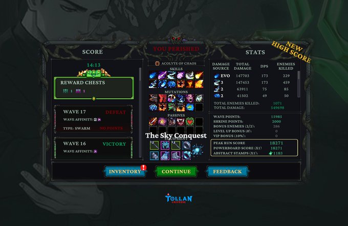 Game over screen titled "YOU CRUSHED" with score 14:13, showing wave results (Wave 16 Victory, Wave 17 Defeat), stats including damage sources, enemies killed (1071 total), and items like Acolyte of Chaos with "The Sky Conquest" displayed.