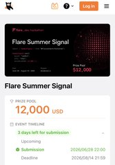 Flare Summer Signal page showing a prize pool of 12,000 USD with an upcoming event submission deadline of 2026/06/29 22:00, 3 days remaining.