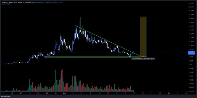 A candlestick chart of HOMS/USDT on Binance displays a descending triangle pattern breaking down toward key support levels around 12.6384/11.1073 with declining volume.