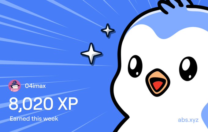 A graphic displaying '04imax', '8,020 XP Earned this week' next to a cartoon white bird character on a blue background.