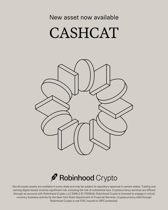 This is a promotional advertisement from Robinhood Crypto announcing that a new asset called "CASHCAT" is now available, featuring the Robinhood Crypto logo at the bottom alongside regulatory disclaimers about crypto trading risks. The post suggests frustration with Coinbase (Base) delaying listings of certain tokens, framing Robinhood's quicker asset additions—like CASHCAT—as a competitive advantage over centralized exchanges that take years to list projects.