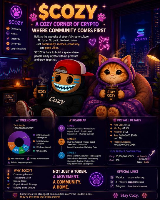 The image features two cartoon cats sitting together with their paws wrapped around each other while holding cups. The background shows a cityscape at night, adding an urban touch to the scene. The text in the image includes information about the creator of $COZY, which is a website called Most Memecoins Fight for attention with endless hype, panic, and unrealistic promises.