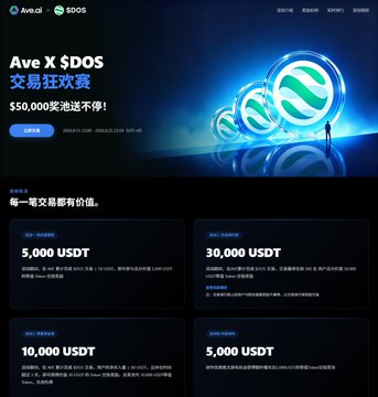 Ave.ai trading competition webpage with header 'Ave X $DOS 交易狂欢赛' offering a $50,000 prize pool, with prize tiers showing 5,000 USDT, 30,000 USDT, 10,000 USDT, and 5,000 USDT rewards.
