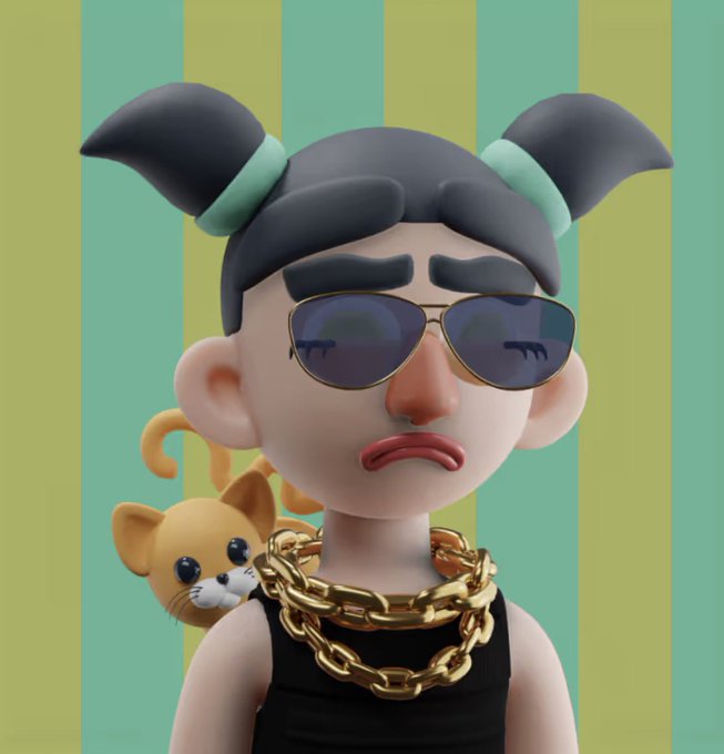 A 3D cartoon-style illustration of a female character with pigtails, sunglasses, a large gold chain necklace, and a small orange cat on her shoulder, set against a green and yellow striped background.
