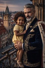 A portrait of a distinguished gray-bearded man in ornate royal attire holding a young child in a yellow shirt, set against a fantasy castle backdrop.