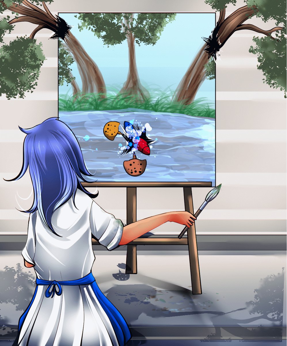 The image features a woman with blue hair sitting at an easel, painting a picture of a bird on her canvas. The painting depicts a bird surrounded by trees and water, creating a serene scene. The woman's brushstrokes are visible as she carefully applies paint to her artwork.