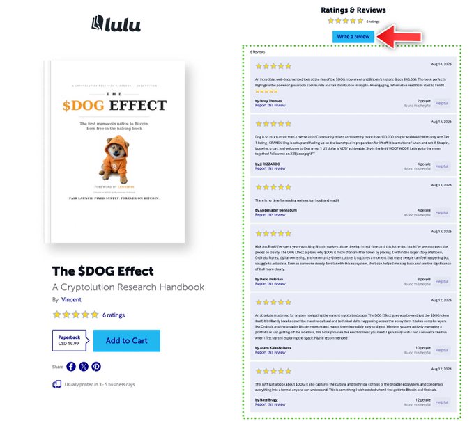 A Lulu book product page for 'The $DOG Effect: A Cryptolution Research Handbook' by Vincent, showing 6 ratings and a red arrow pointing to the 'Write a review' button in the Ratings & Reviews section.