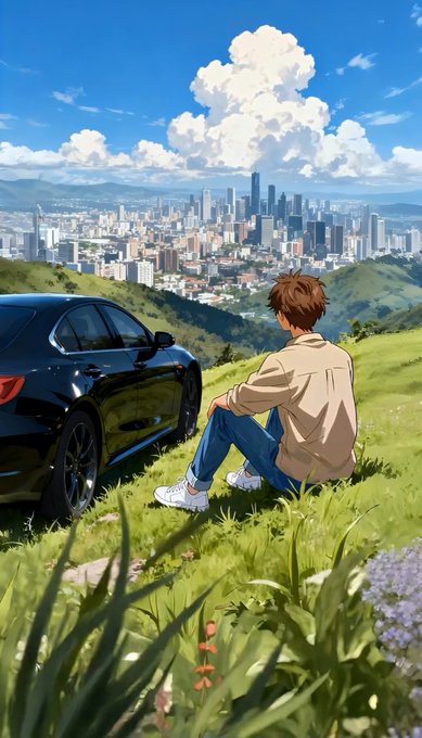 An anime-style illustration shows a brown-haired man sitting in a grassy field beside a black car, overlooking a city skyline with skyscrapers under a bright blue cloudy sky.
