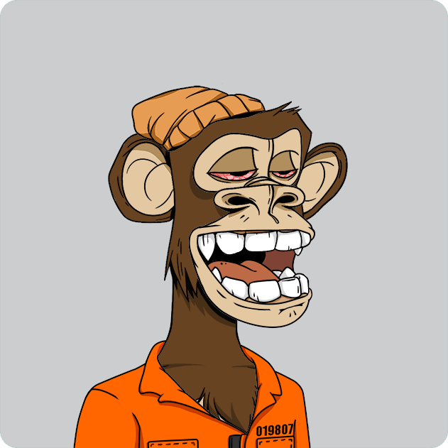 A digital illustration of a Bored Ape-style cartoon monkey with bloodshot eyes and a wide grin showing teeth, wearing an orange prison jumpsuit with the number '019807' on it.