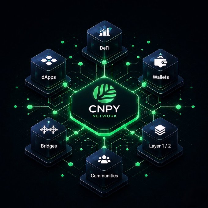 A digital graphic displays the CNPY Network logo at the center, surrounded by hexagonal nodes labeled DeFi, dApps, Wallets, Layer 1/2, Communities, and Bridges on a green circuit-board background.