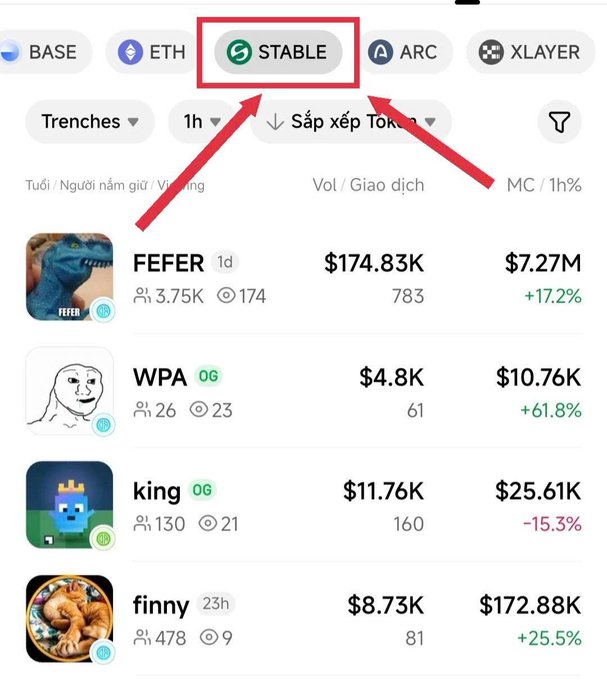 A cryptocurrency trading interface showing the STABLE network tab highlighted with red arrows, displaying tokens like $FER, $WPA, and $king with their market caps and price changes.