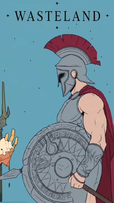 An illustration titled 'WASTELAND' depicting a Spartan warrior in a helmet with a red plume, holding a shield and a spear, in profile view.