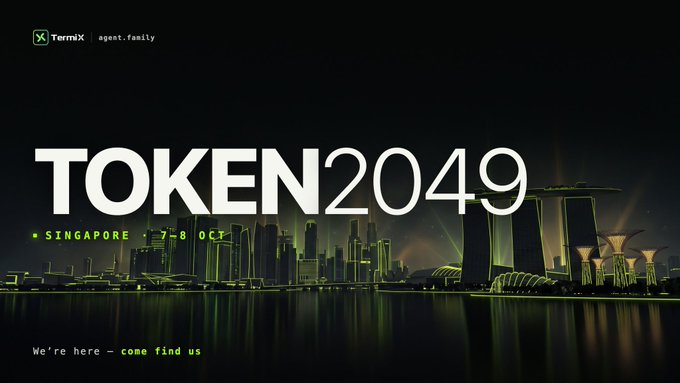 A promotional banner for 'TOKEN2049' taking place in Singapore on 7-8 October, featuring the TermX logo and a green-tinted image of the Singapore skyline including Marina Bay Sands.